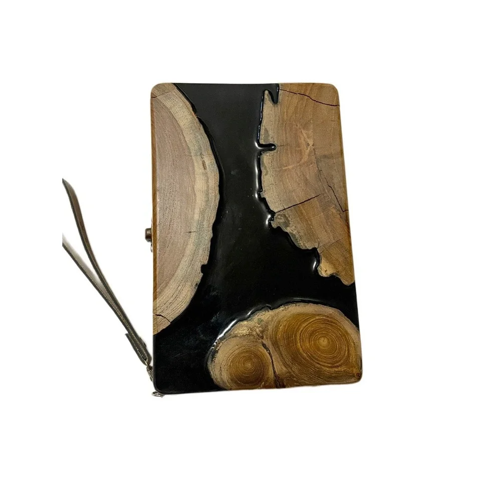 Biofurface $250 Teak Wood Side Handle Bag with Epoxy Resin Eco Friendly Art Fall